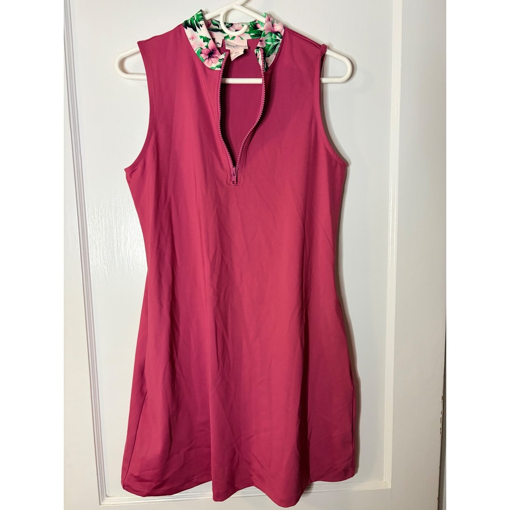 Tommy Bahama Golf Dress Womens Medium Pink Sleeveless Quarter Zip Floral Collar